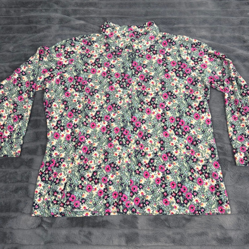 Denim & Co Womens 1X Floral Button Down Shirt Long Sleeve Sage Pink Jersey Knit